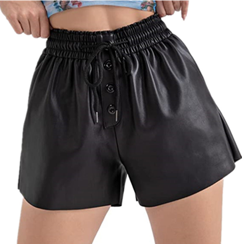 Damen lässige Shorts aus innovativem Kunstleder mit elastischem Bund und praktischen Knopfdetails Stalluxe