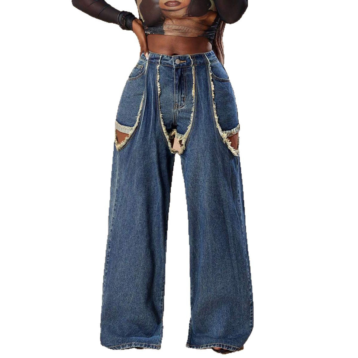 Damen Distressed Wide-Leg-Jeans mit Cut-Out-Details Stalluxe