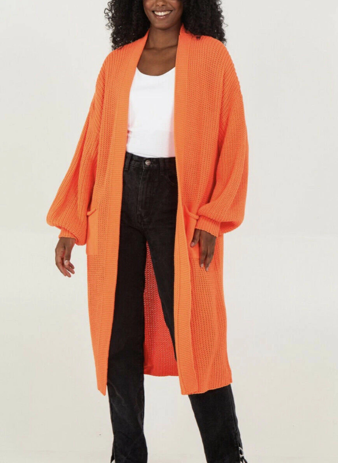 Damen Langer Strickcardigan mit voluminösen Ärmeln und offenem Schnitt Stalluxe