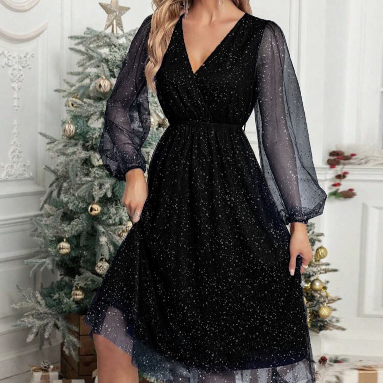 Damen Glänzende V-Ausschnitt Illusionsärmel Kleid Stalluxe