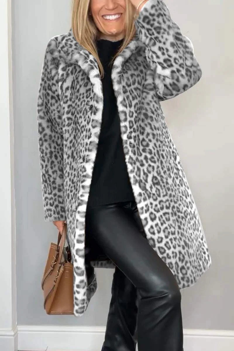 Damen Flauschige Leopardmuster Jacke mit hohem Kragen Stalluxe