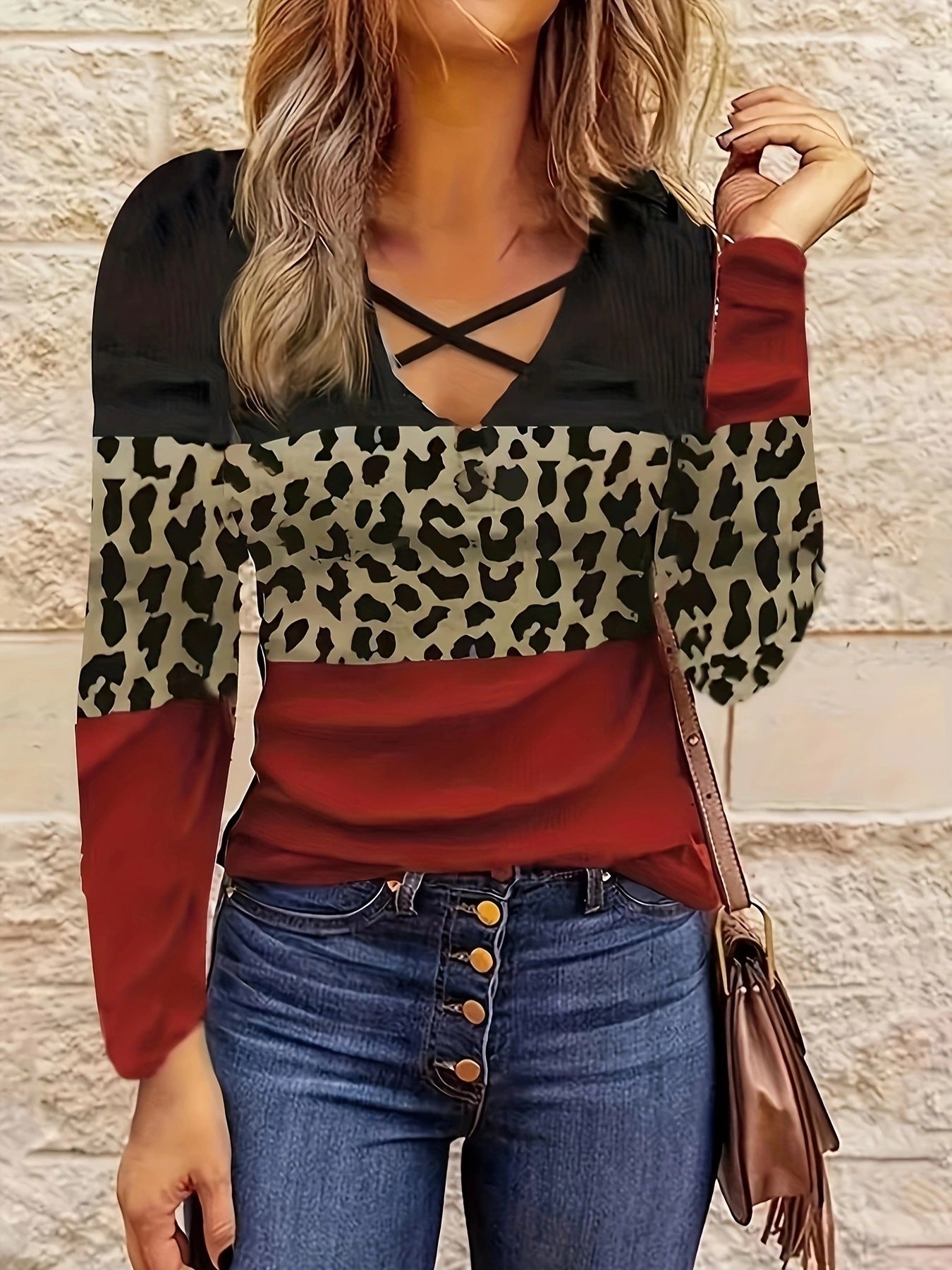 Damen lässiges Langarmshirt mit modischem Leopardenmuster und raffiniertem V-Ausschnitt Stalluxe