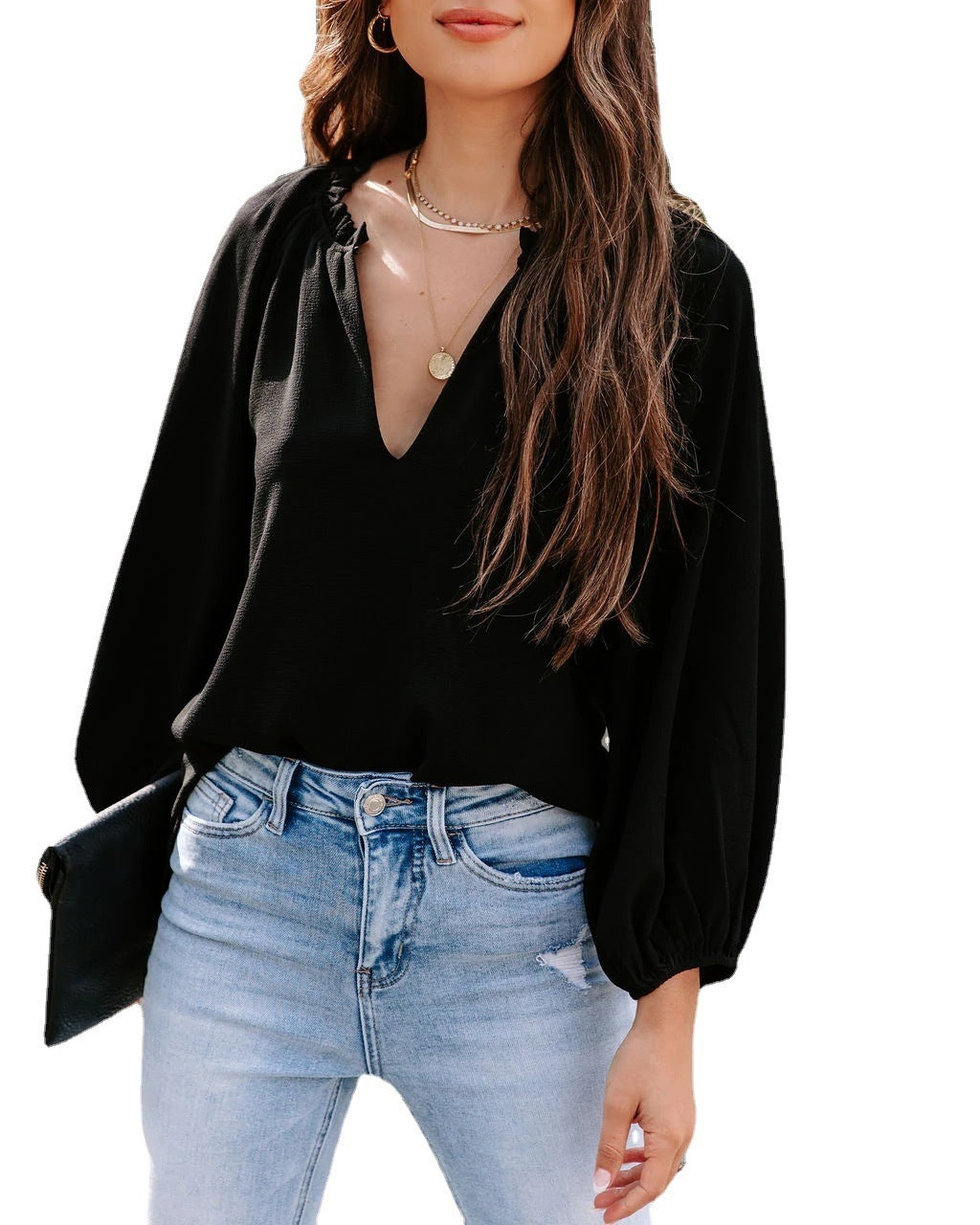 Damen Bluse mit tiefem V-Ausschnitt und eleganten Puffärmeln Stalluxe