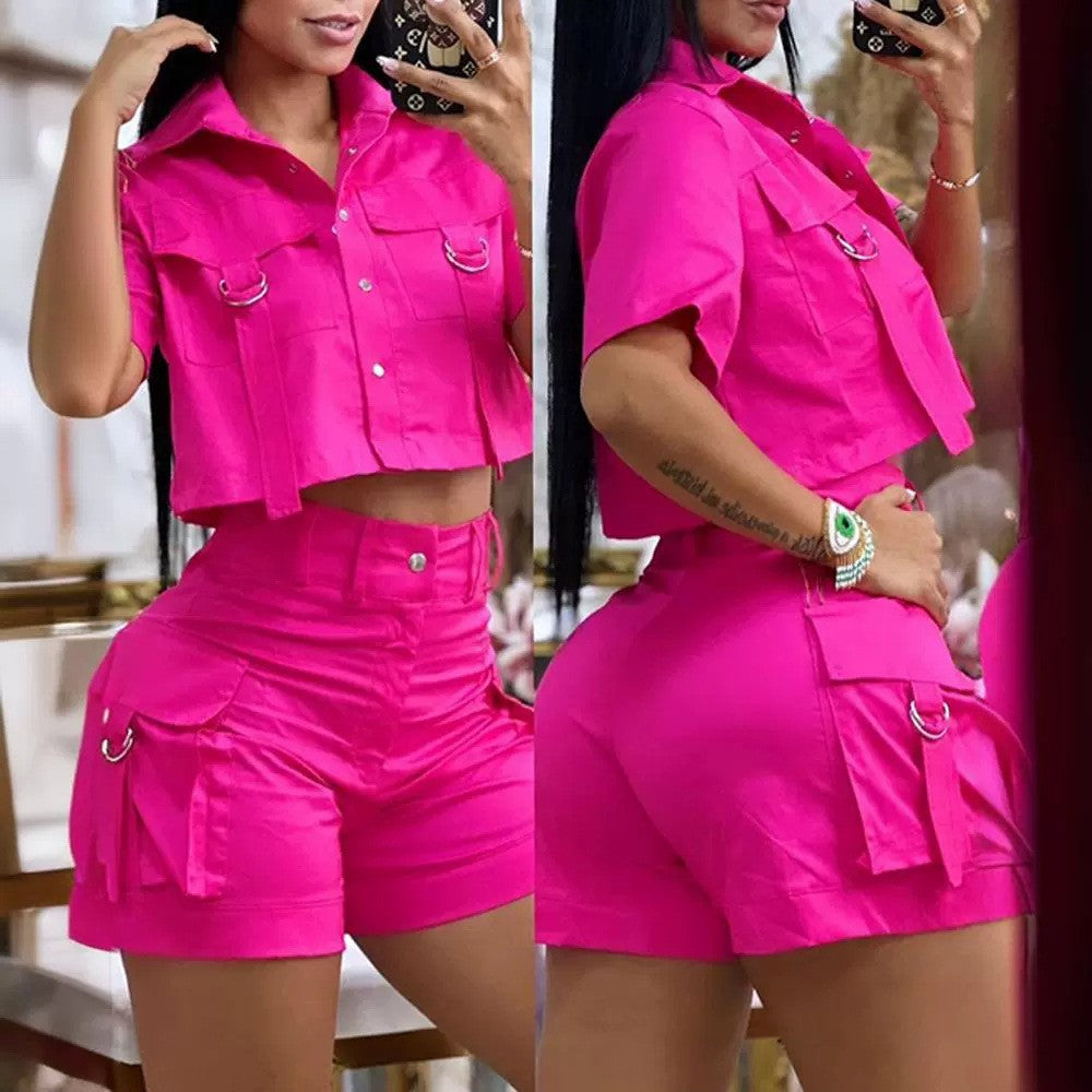 Damen Cropped Shirt und Cargo-Shorts Set Stalluxe