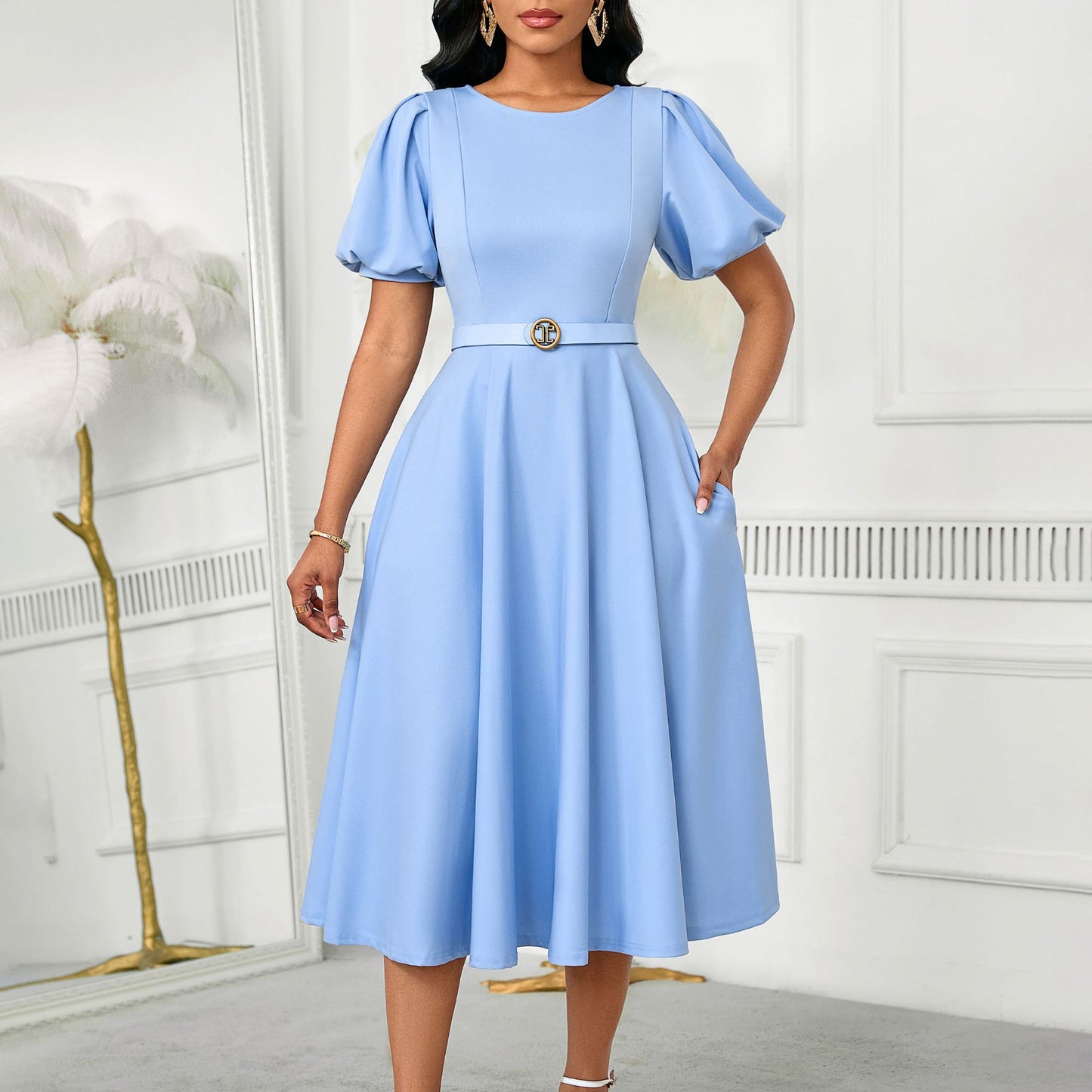 Damen Midi-Kleid mit voluminösen Puffärmeln, elegantem Taillengürtel und schwingendem Rock Stalluxe