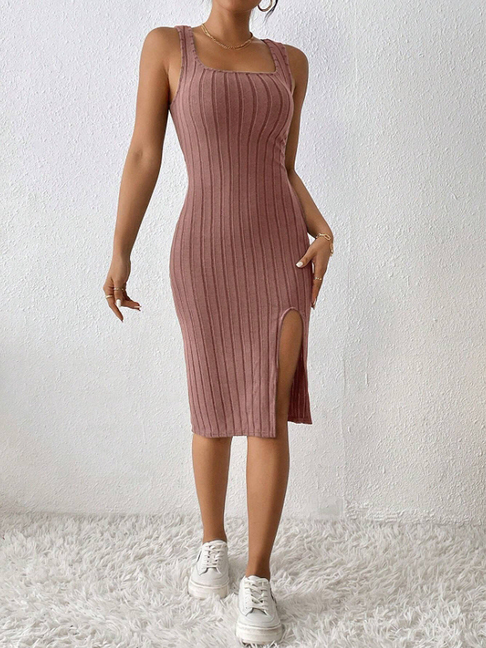 Damen Körperbetontes Rippkleid mit seitlichem Schlitz und Quadrat-Ausschnitt Stalluxe