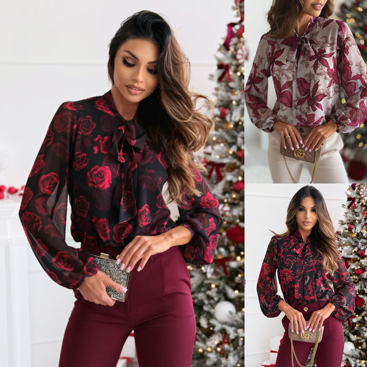 Damen elegante Bluse mit floralem Design und schickem Schleifenkragen Stalluxe
