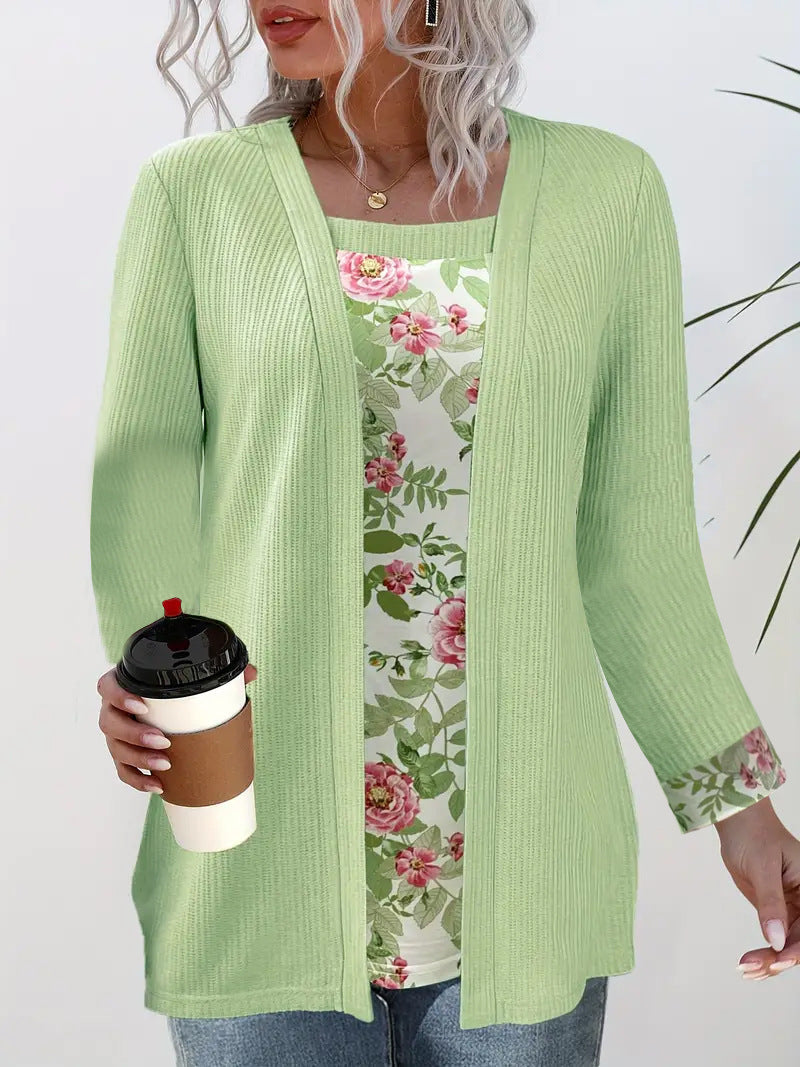Damen lässiger Cardigan mit floralem Innenfutter und langen Ärmeln Stalluxe