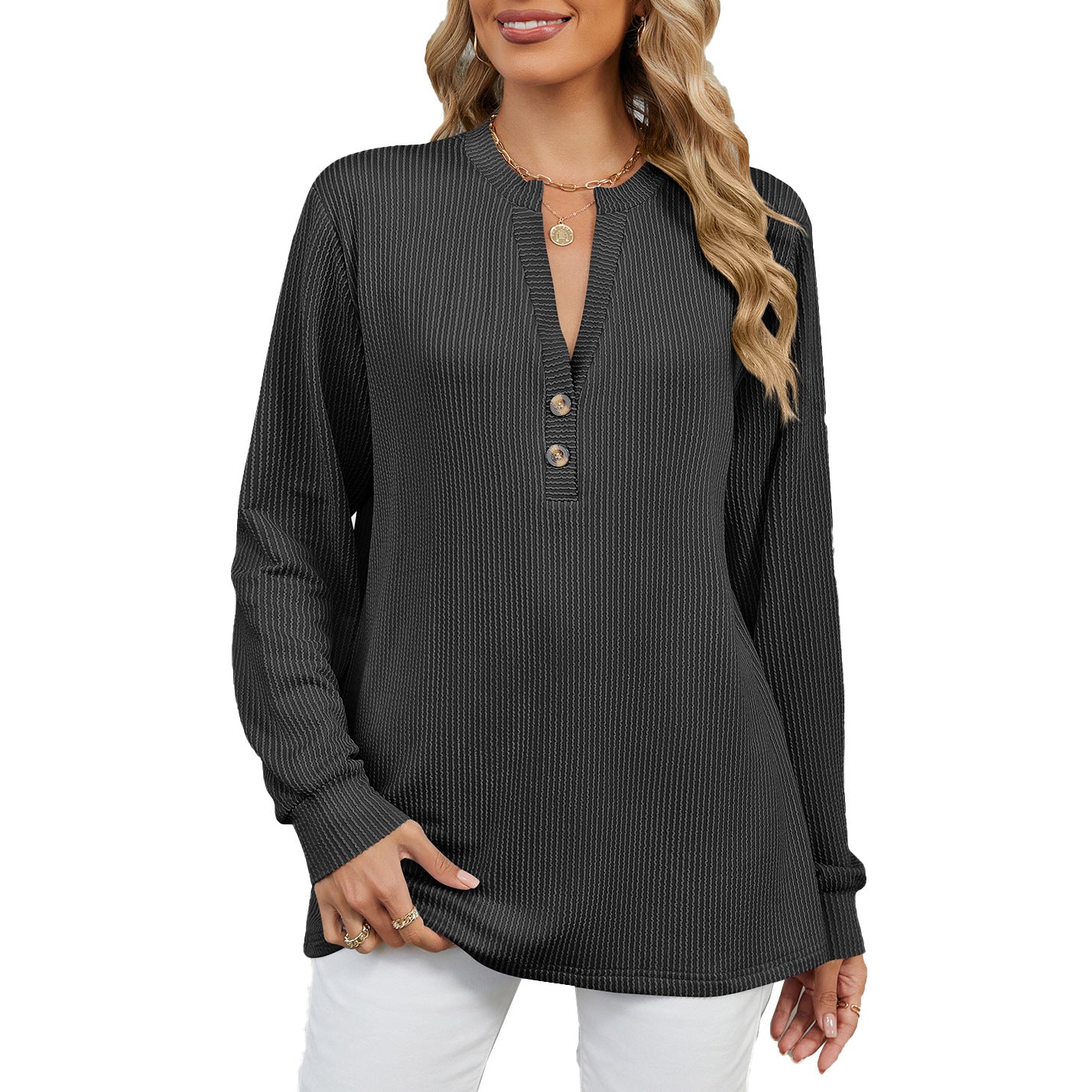 Damen Langarmshirt mit modischem Henley-Ausschnitt und strukturierter Ripptextur Stalluxe