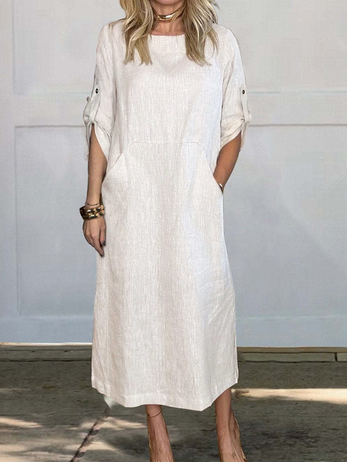 Damen luftiges Midi-Kleid mit praktischen Taschen und umschlagbaren Ärmeln Stalluxe