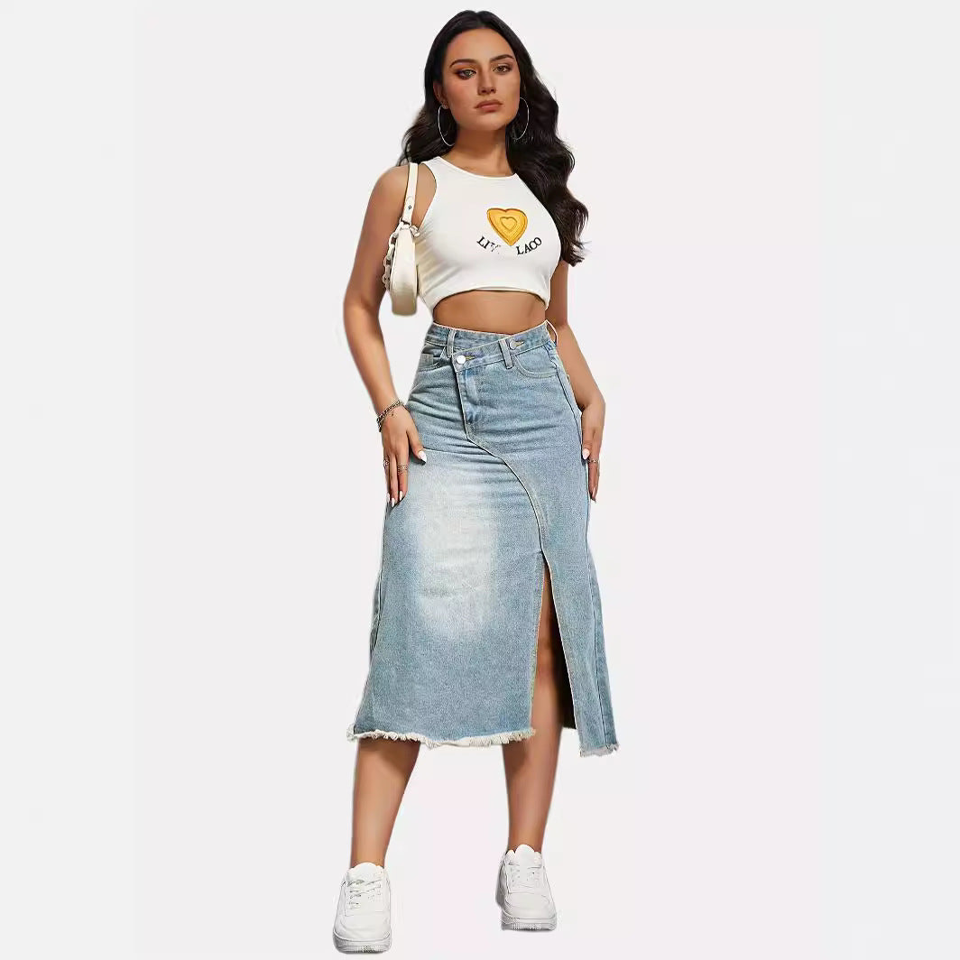 Damen Jeansrock mit asymmetrischem Schnitt und hohen Seitenschlitzen Stalluxe