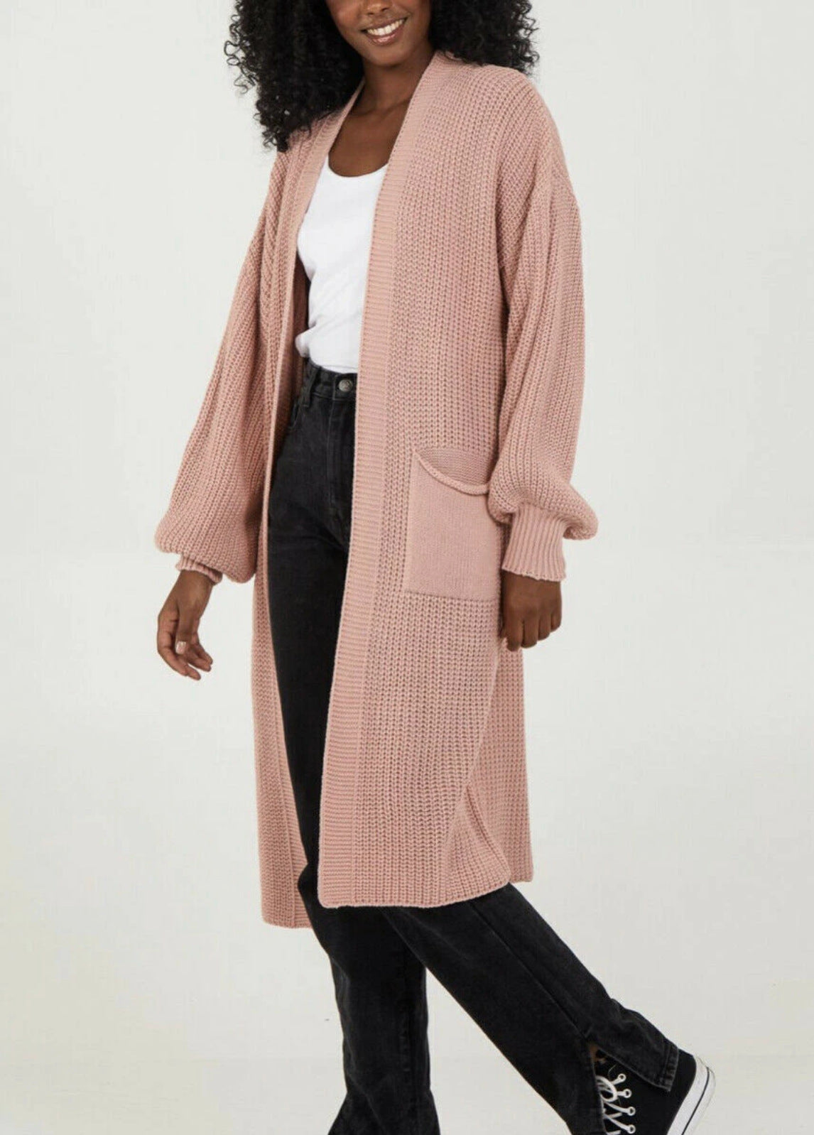 Damen Langer Strickcardigan mit voluminösen Ärmeln und offenem Schnitt Stalluxe