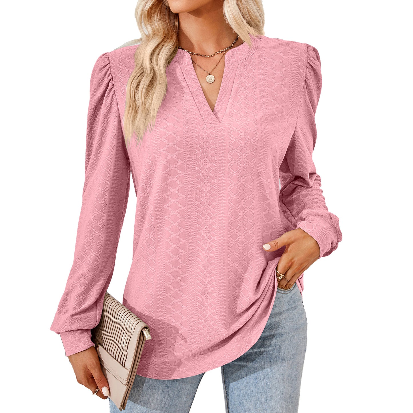 Damen Blusenshirt mit elegantem V-Ausschnitt und strukturiertem Muster Stalluxe