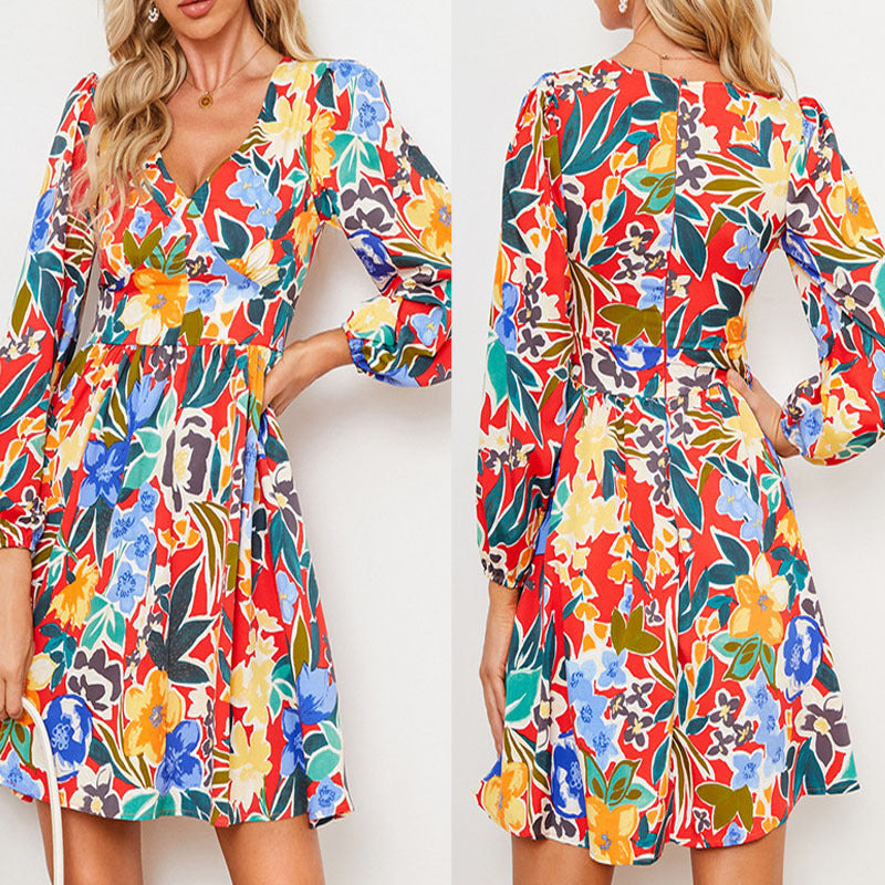Damen Minikleid mit schmalem V-Ausschnitt und langen Puffärmeln Stalluxe