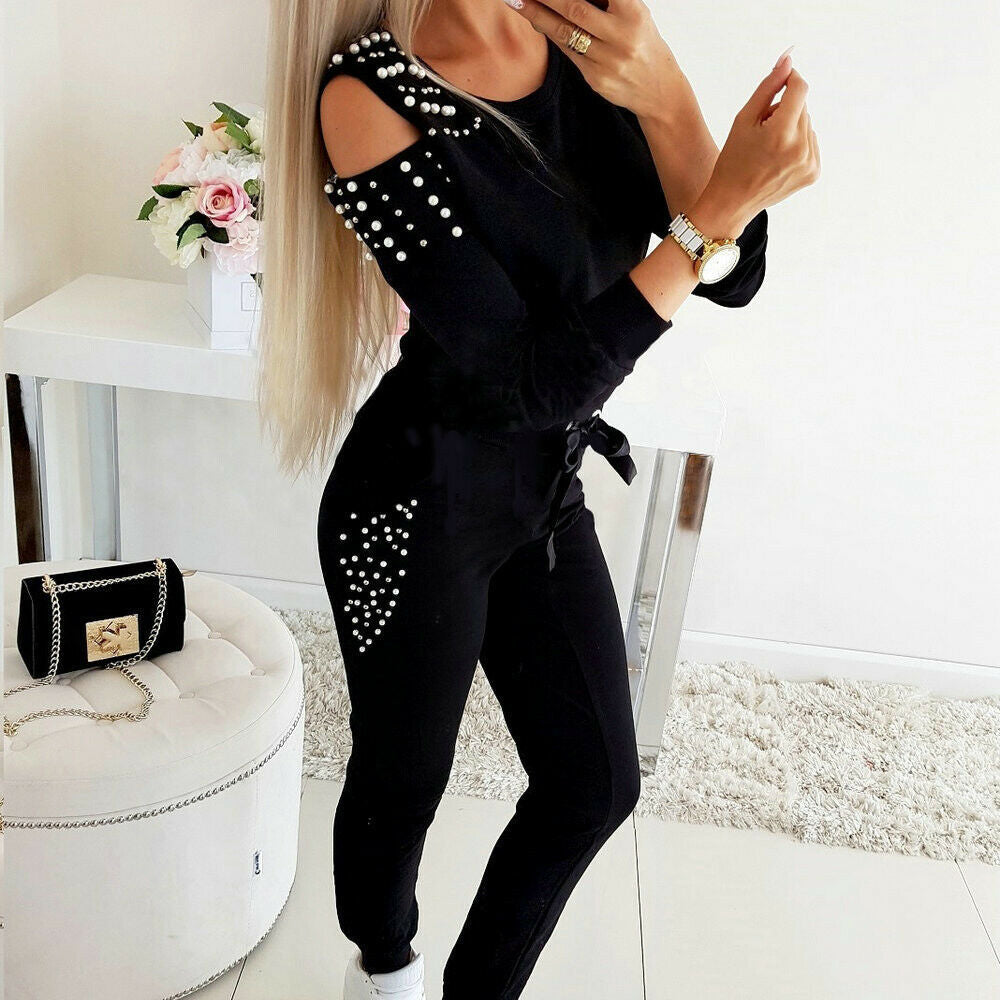 Damen Freizeit-Loungewear-Set mit dekorativen Nieten und besonderen Schulterdetails Stalluxe