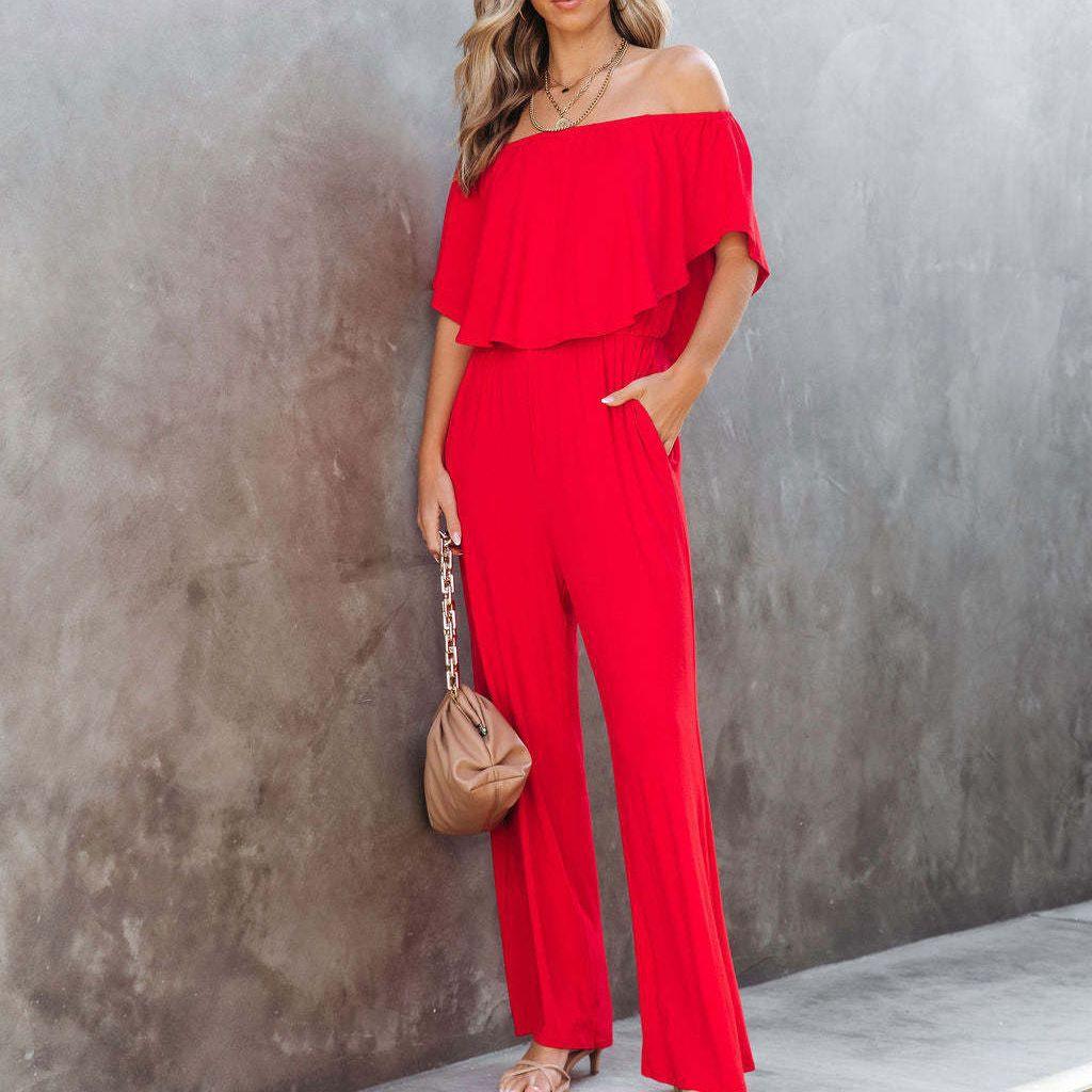 Damen Off-Shoulder Jumpsuit mit weichem Stoff und elastischem Bund Stalluxe