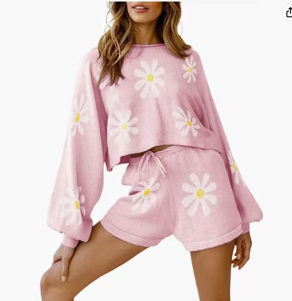 Damen lässiges Waffelstrick-Outfit mit komfortablem Crop-Oberteil und Shorts Stalluxe