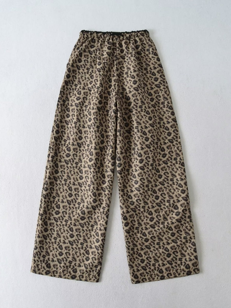Damen Trendige weite Leoparden-Hose mit elastischem Bund und Bindegürtel Stalluxe