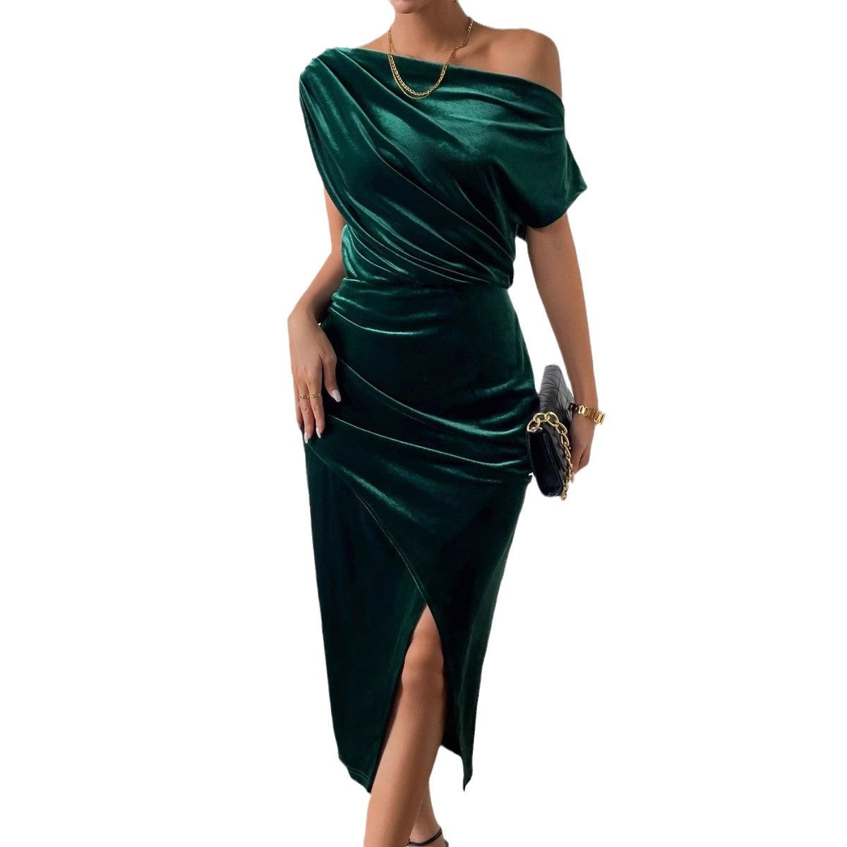 Damen elegantes Wickelkleid mit asymmetrischem Ausschnitt und seitlichem Schlitz Stalluxe