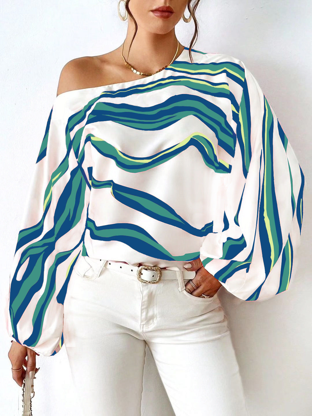 Damen Off-Shoulder Bluse mit voluminösen Ärmeln und streifigem Design Stalluxe