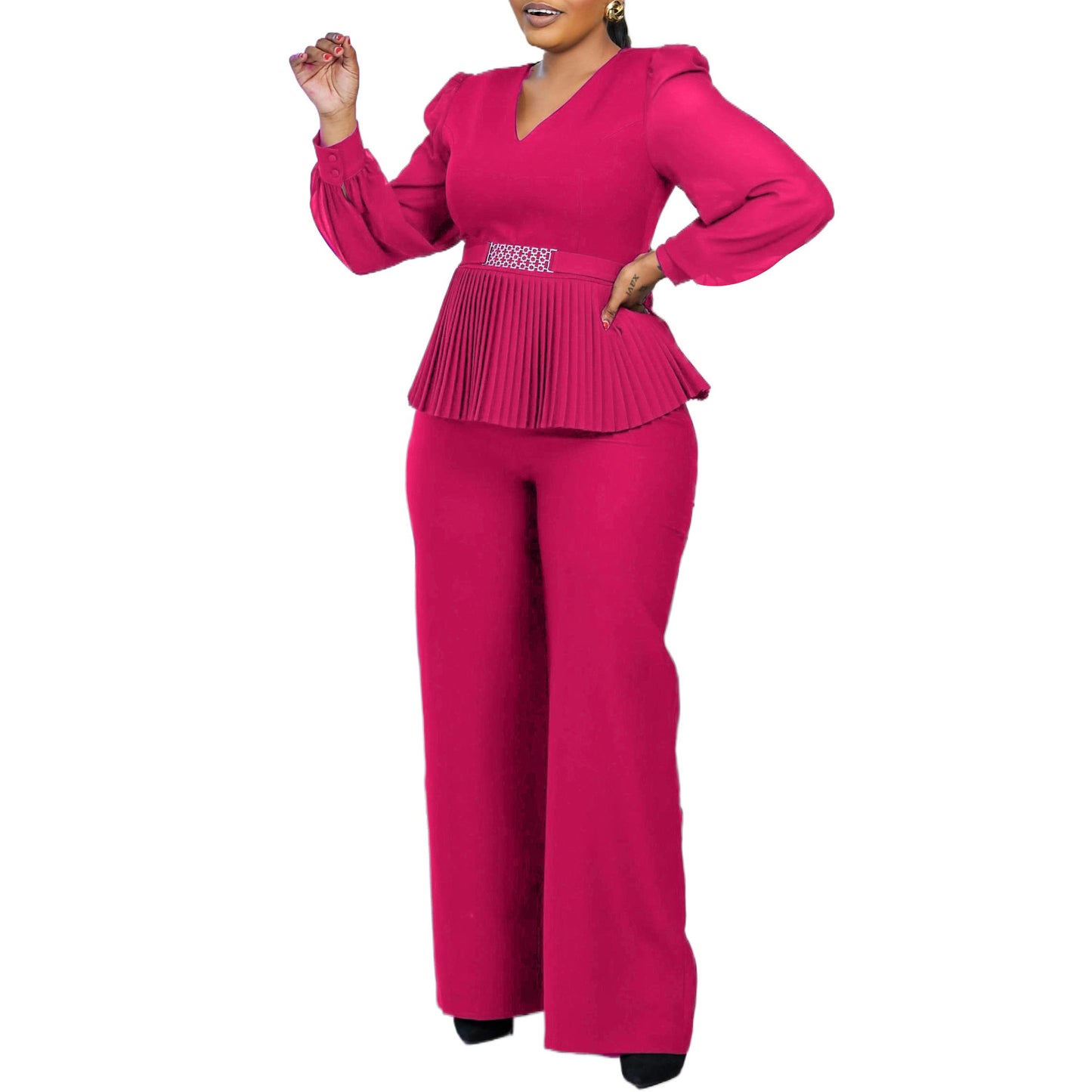Damen Eleganter Jumpsuit mit plissiertem Oberteil und voluminösen Ärmeln Stalluxe