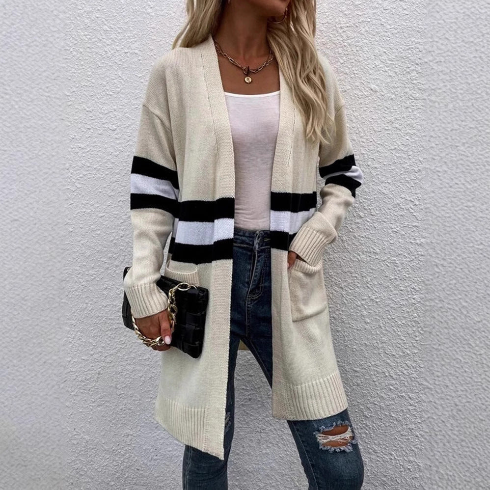 Damen Offene Strickjacke mit modernem Streifenmuster und praktischen Taschen Stalluxe