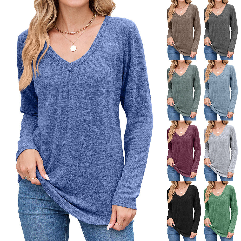 Damen lässiges Langarmshirt mit V-Ausschnitt und Falten Detail Stalluxe