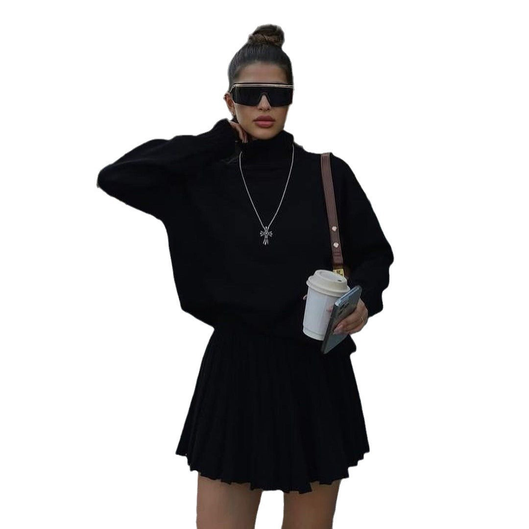 Damen Strickpullover mit hohem Kragen und plissierter Minirock Stalluxe