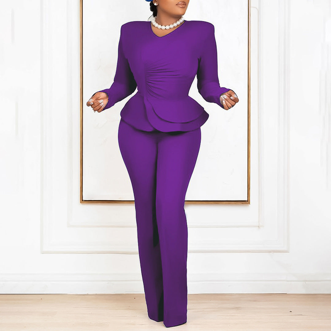 Damen Peplum Overall mit langen Ärmeln und elegantem V-Ausschnitt Stalluxe