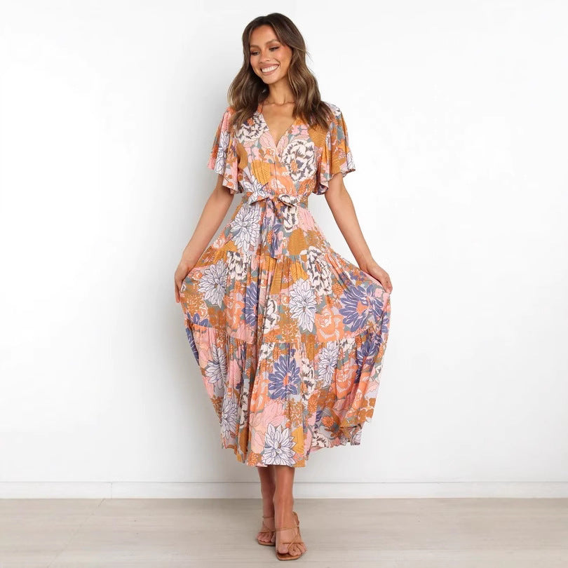 Damen Maxikleid mit floralem Wickeldesign und elastischem Taillengürtel Stalluxe
