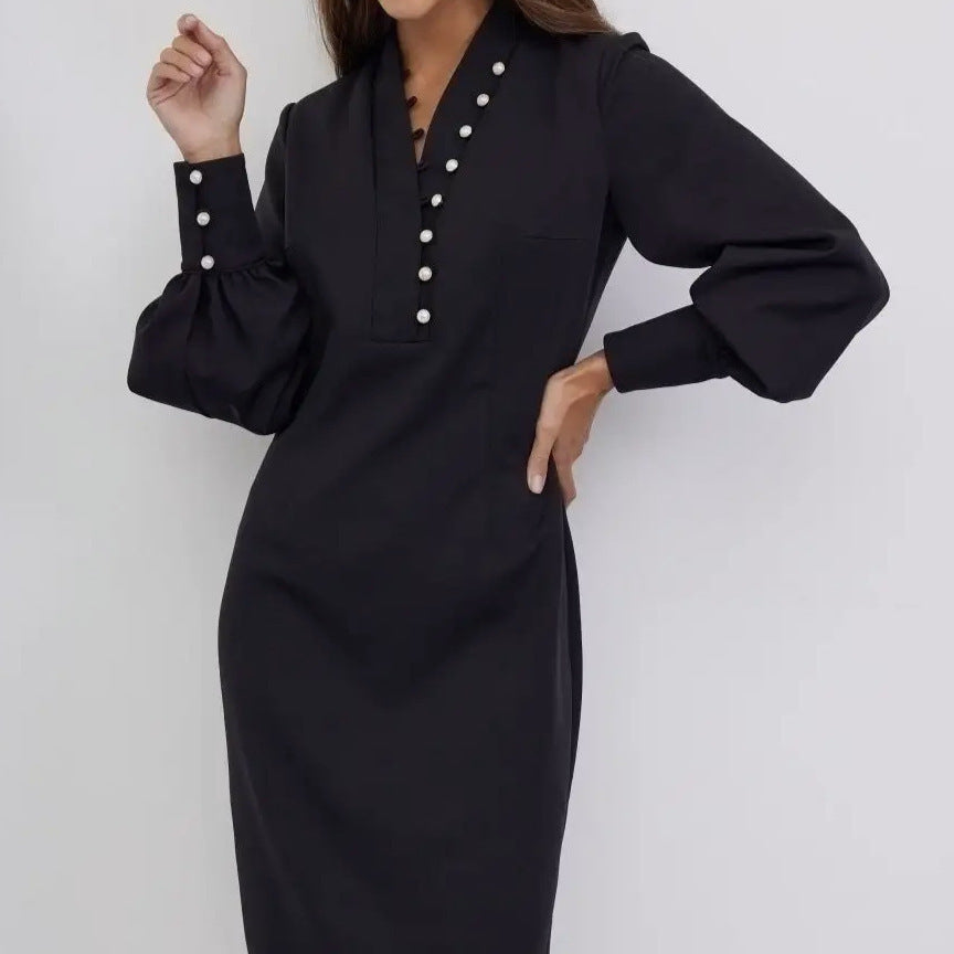 Damen elegantes Kleid mit Puffärmeln und Perlenknopfen Stalluxe
