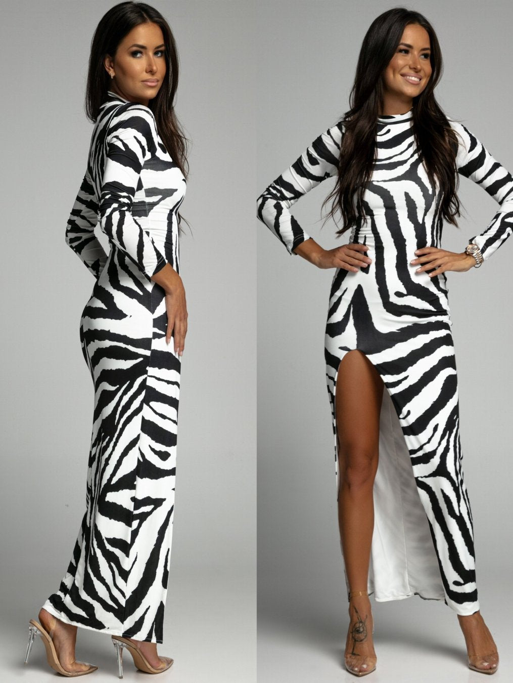 Damen Elegantes Maxikleid mit hohem Schlitz und Animal-Print Stalluxe