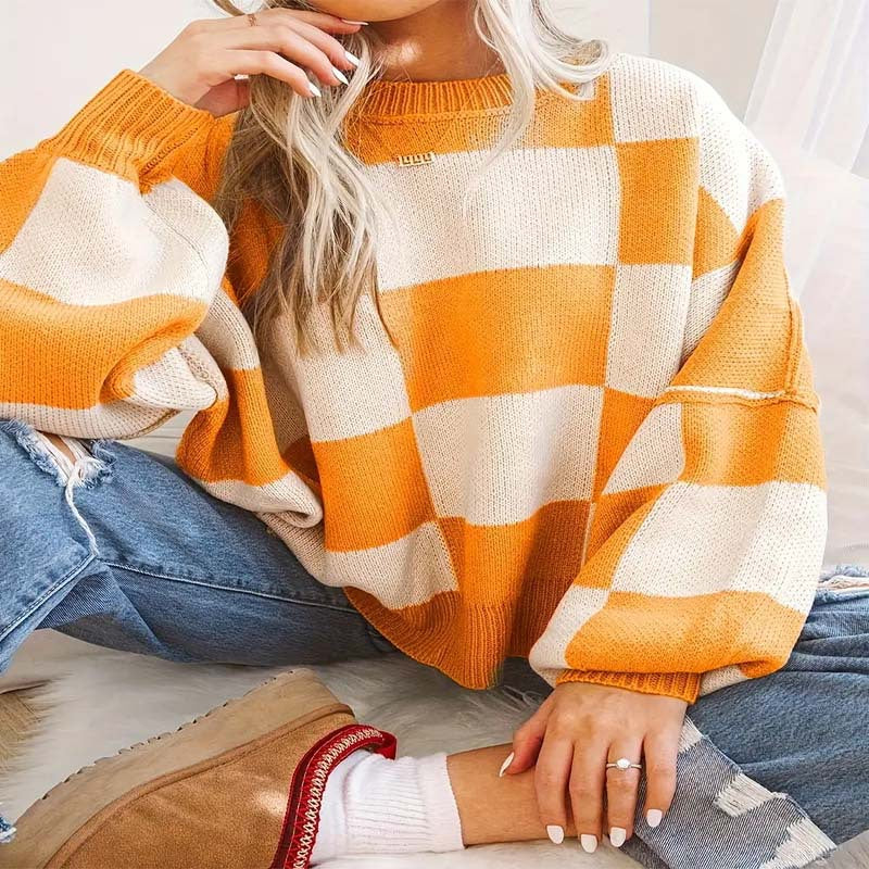Damen lässiger pullover mit Karo-Muster und weiten Ärmeln Stalluxe