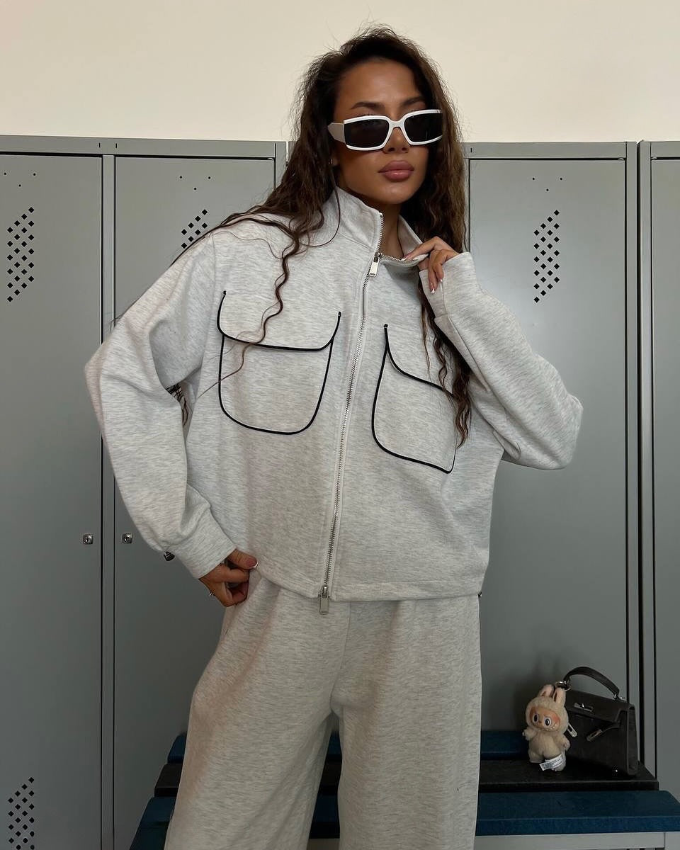 Damen lässiges Sportanzug-Set mit modischer Jacke und weit geschnittenen Hosen Stalluxe