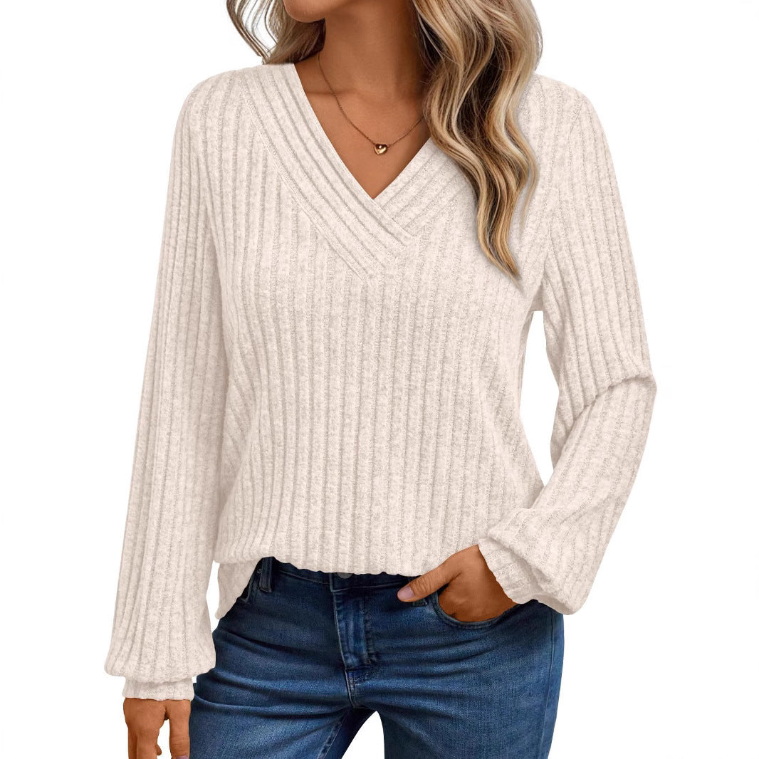 Damen gemütliches Langarmshirt mit strukturiertem V-Ausschnitt Stalluxe