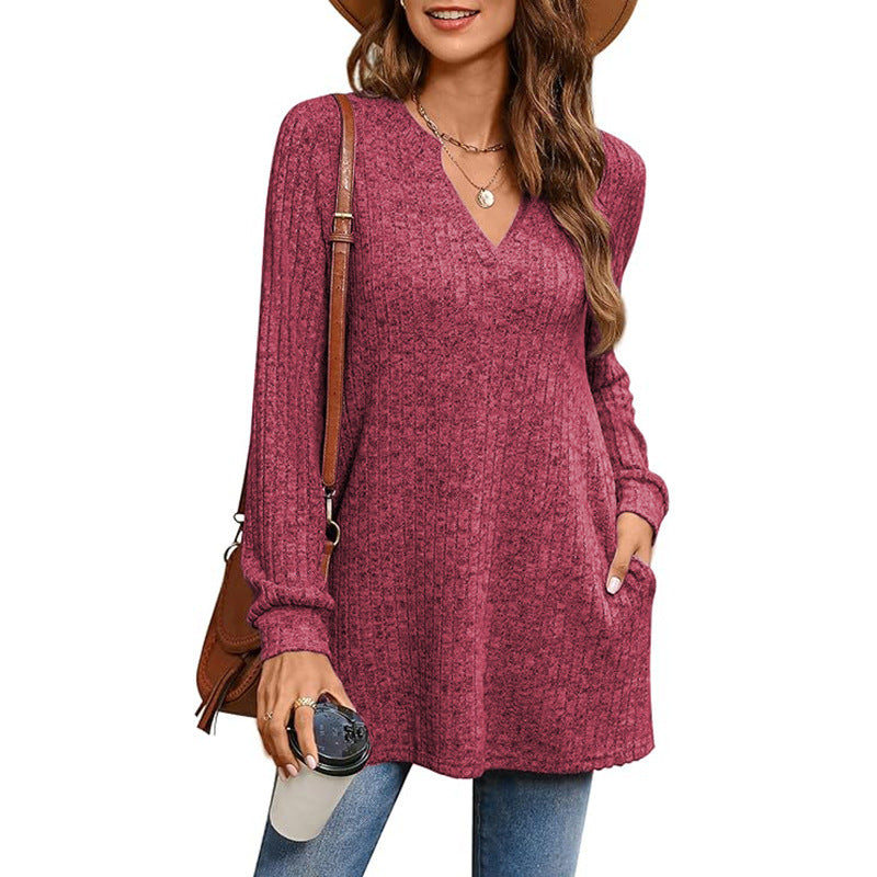 Women's Ribbed V-Neck Tunic Sweater Stalluxe