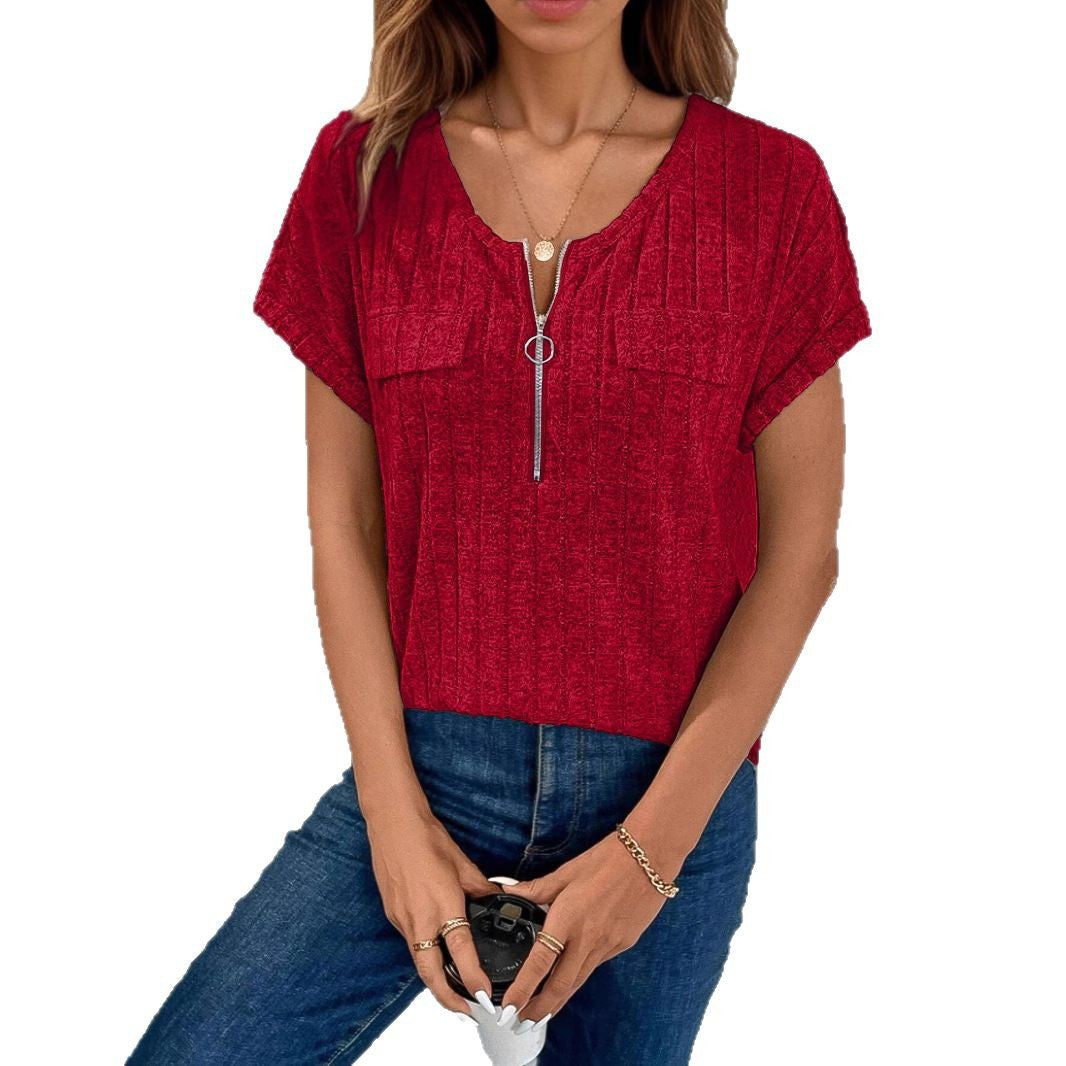 Women's Ribbed Pocket Zip-Up Top Stalluxe