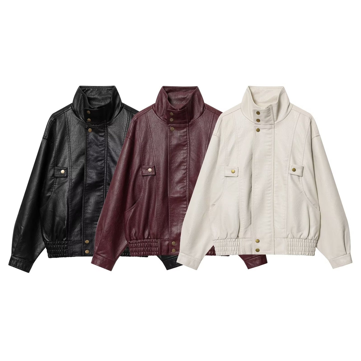 Damen modische Kunstlederjacke mit hohen Kragen und praktischen Knopfdetails Stalluxe