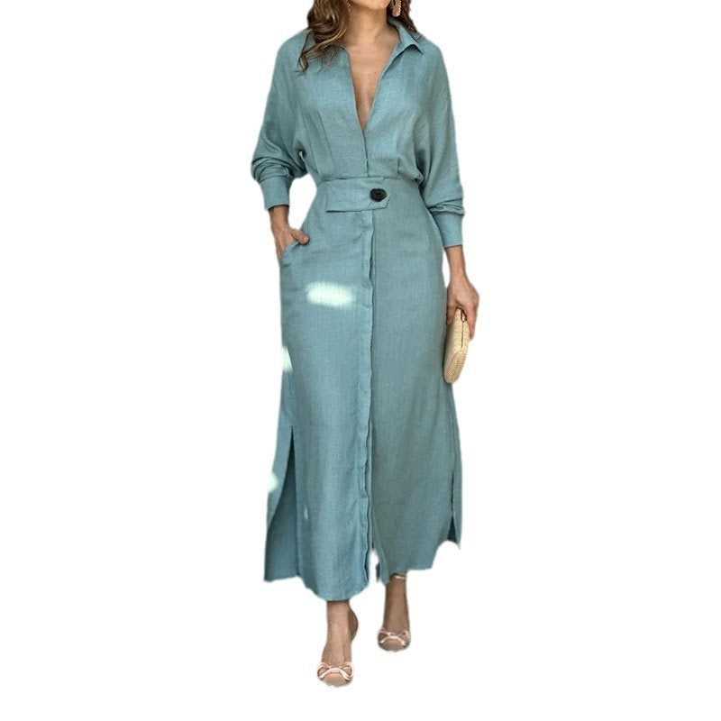 Damen Hemdkleid mit Taillengürtel und seitlichen Schlitzen Stalluxe