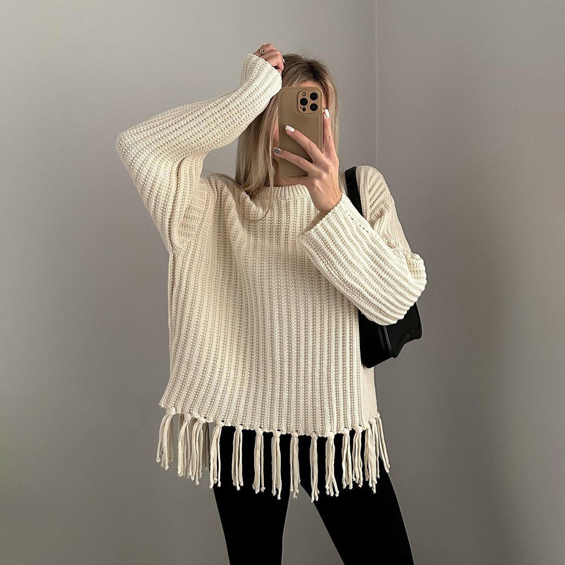 Damen lässiger Strickpullover mit Fransen Stalluxe