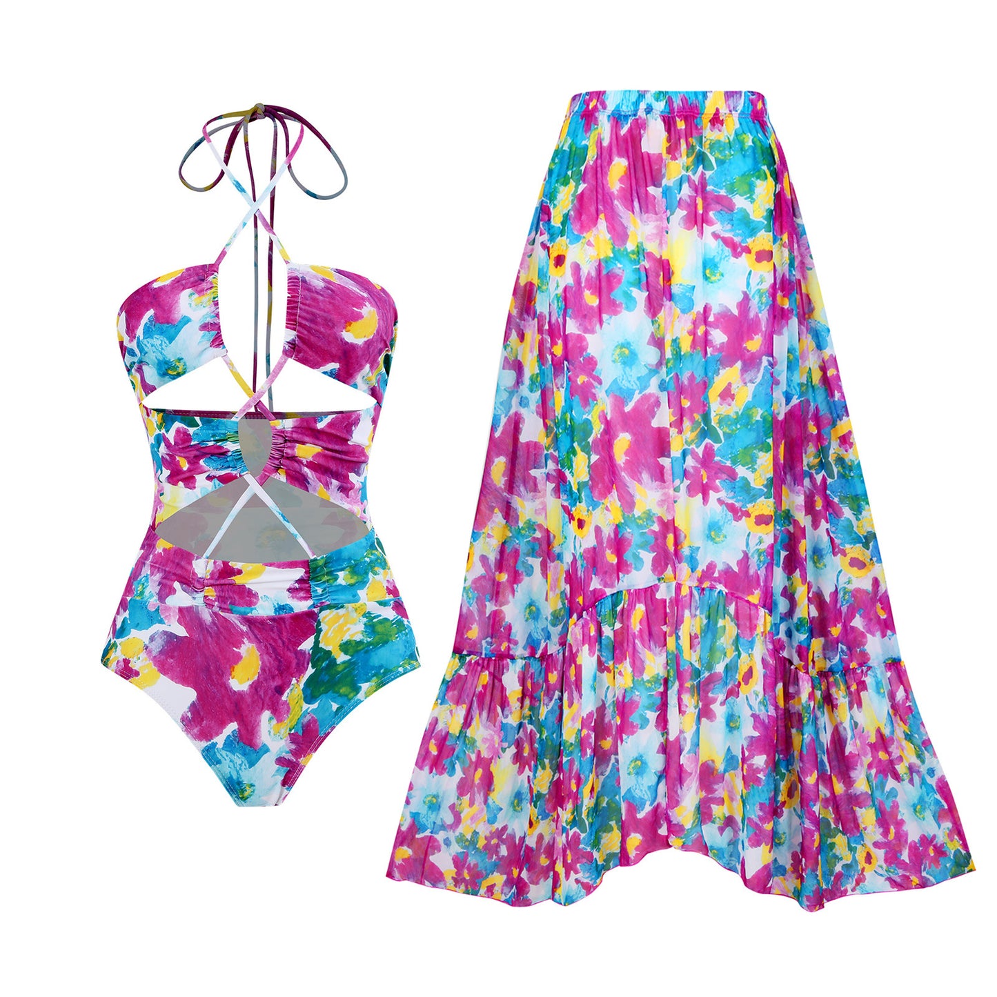 Damen Badeanzug und Maxirock Set mit floralem Design Stalluxe