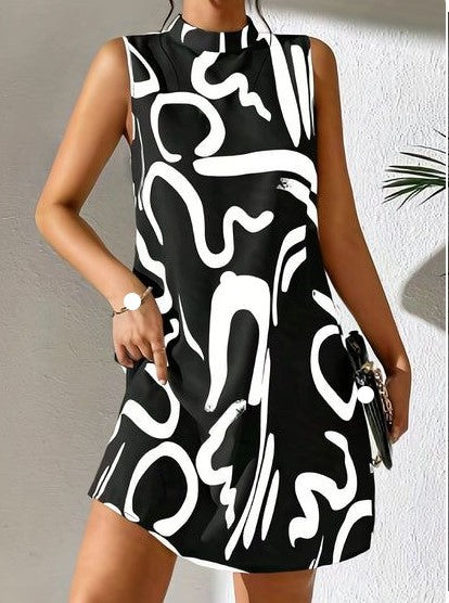 Damen A-linien Minikleid mit modernem grafischem Muster und Stehkragen Stalluxe