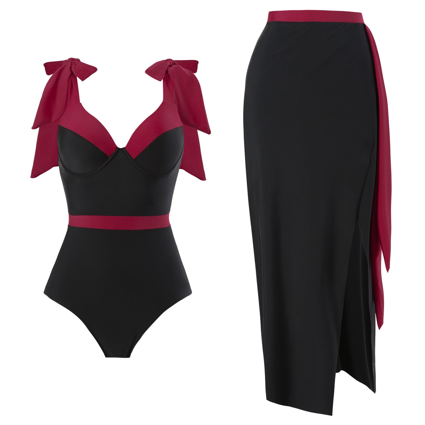 Damen Eleganter Badeanzug mit abnehmbarem Wickelrock und farblich abgestimmten Schleifen Stalluxe