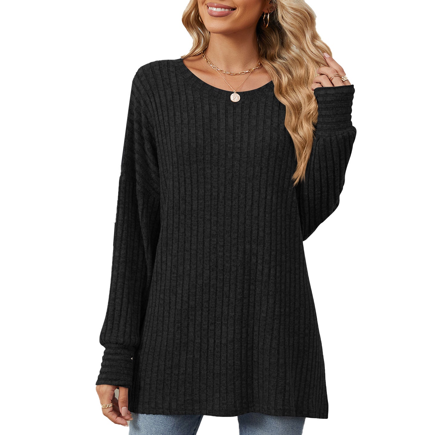 Damen gestreifter Sweatshirt mit lockerem Schnitt und feiner Rippstruktur Stalluxe