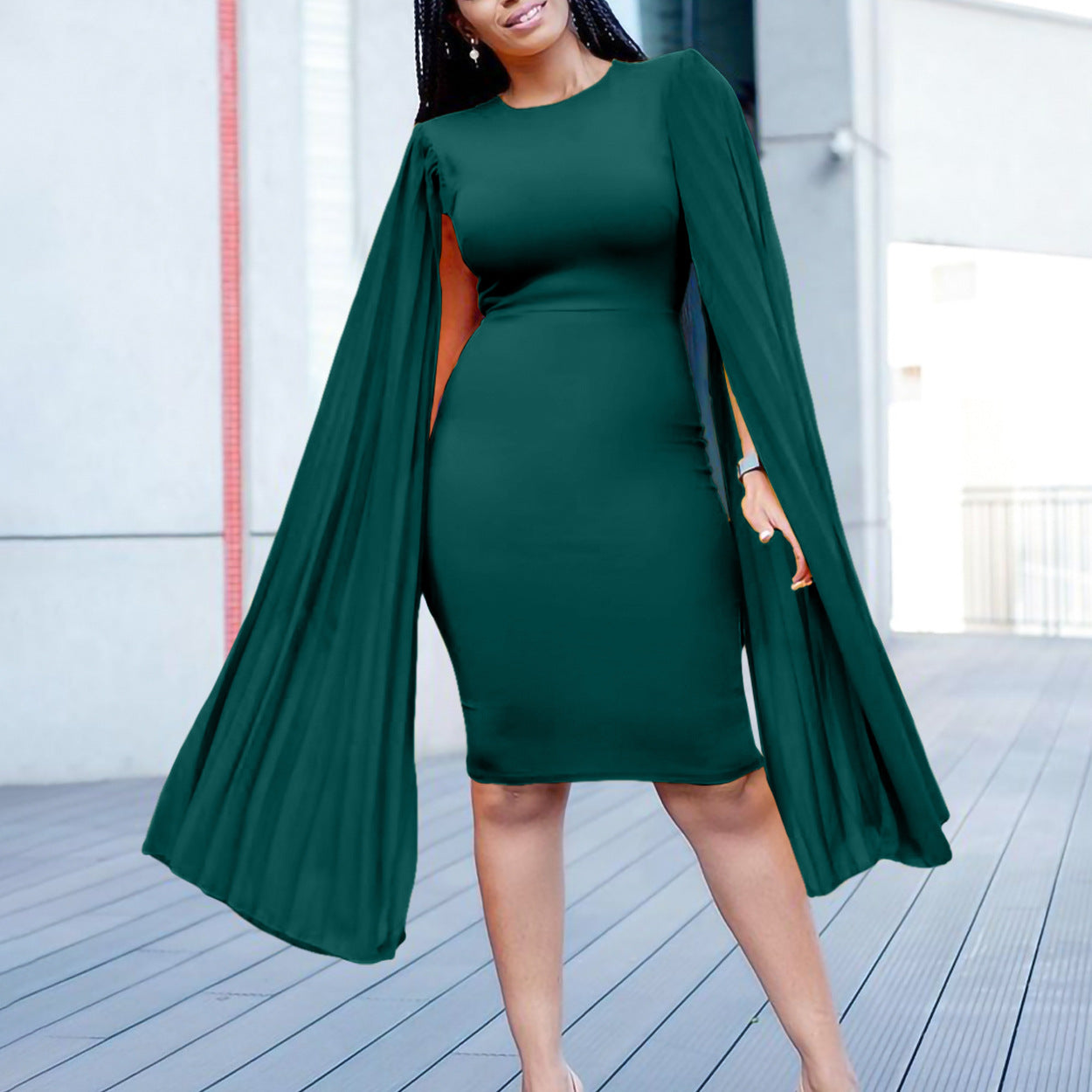 Damen elegantes Kleid mit plissierten Ärmeln und figurbetonter Silhouette Stalluxe