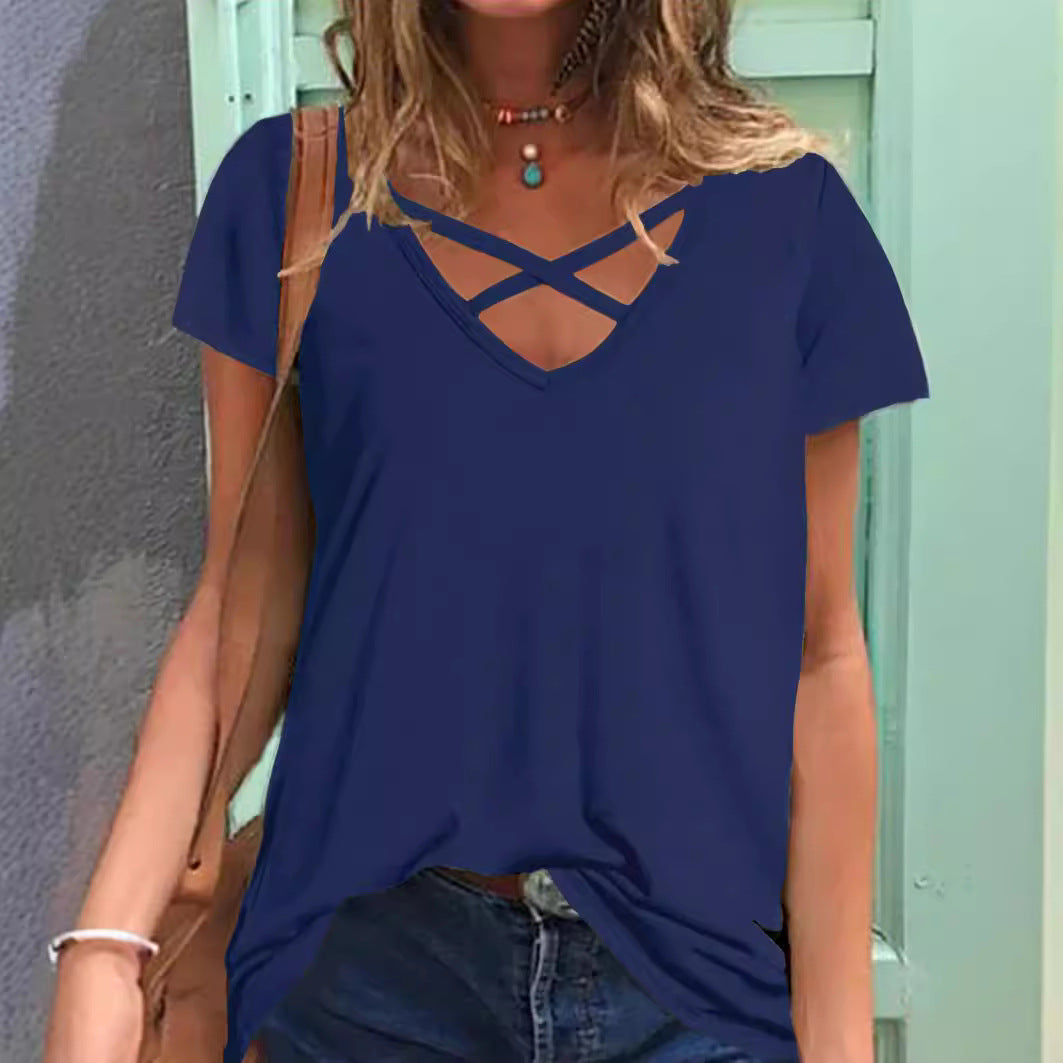 Women's Crisscross V-Neck Casual Tee Stalluxe