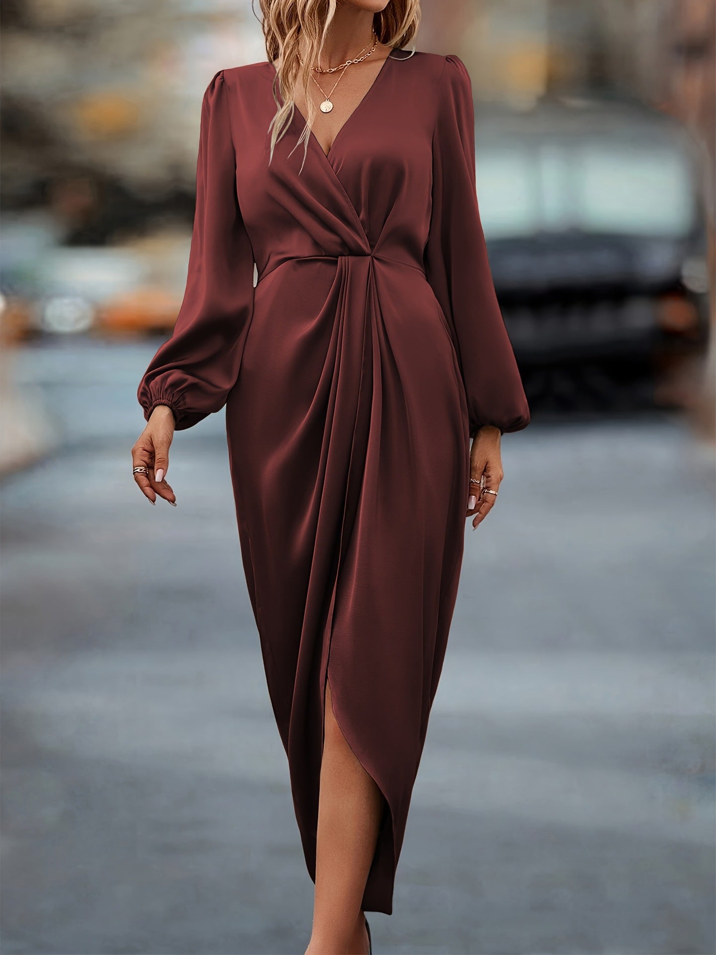 Damen Elegantes Wickel-Maxi-Kleid mit tiefem V-Ausschnitt und drapiertem Material Stalluxe
