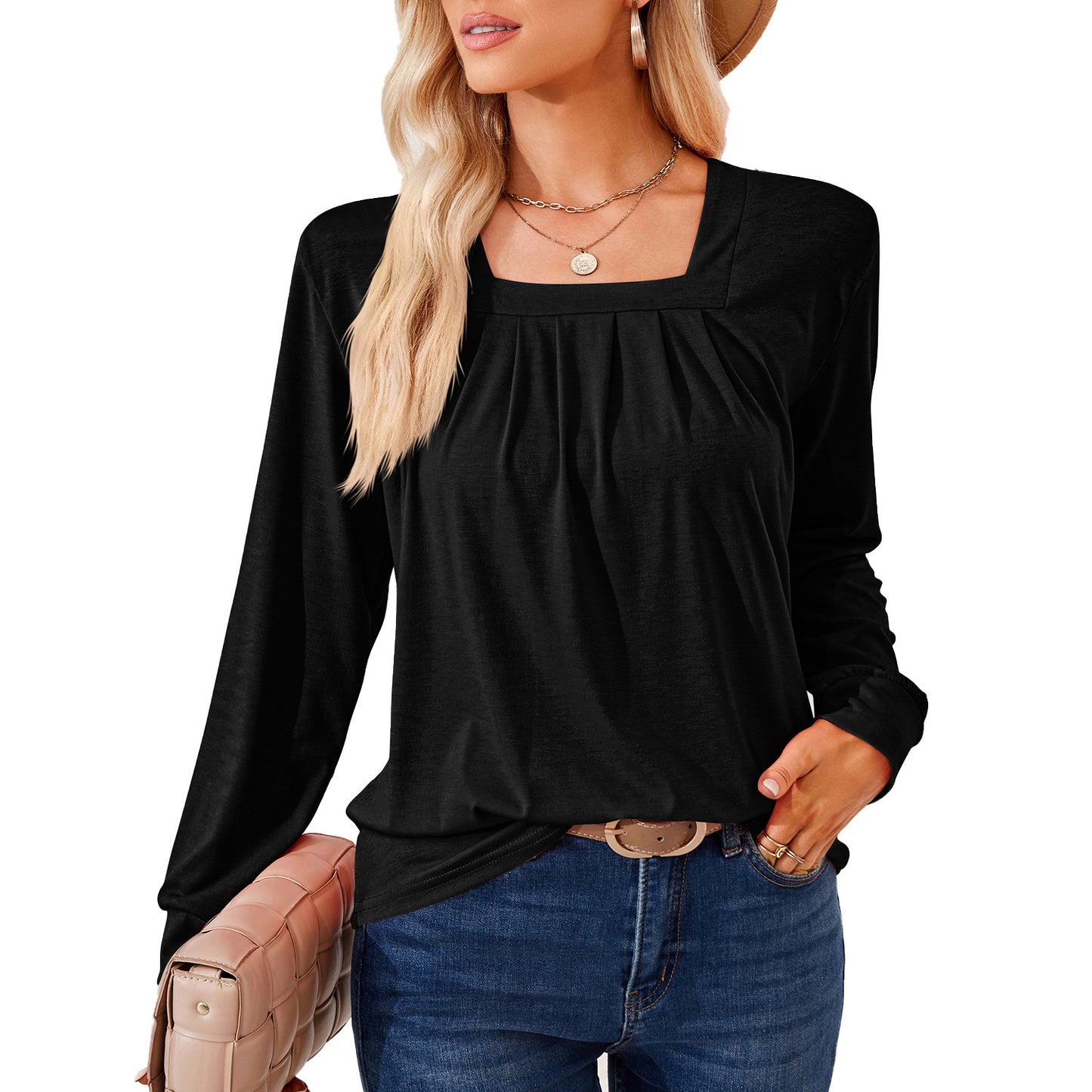 Damen Langarmshirt mit quadratischem Ausschnitt und femininer Raffung Stalluxe