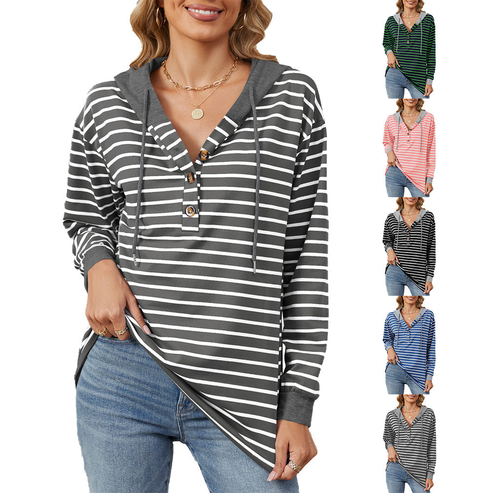 Damen lässiger Streifen-Hoodie mit Knopfleiste und bequemem Schnitt Stalluxe