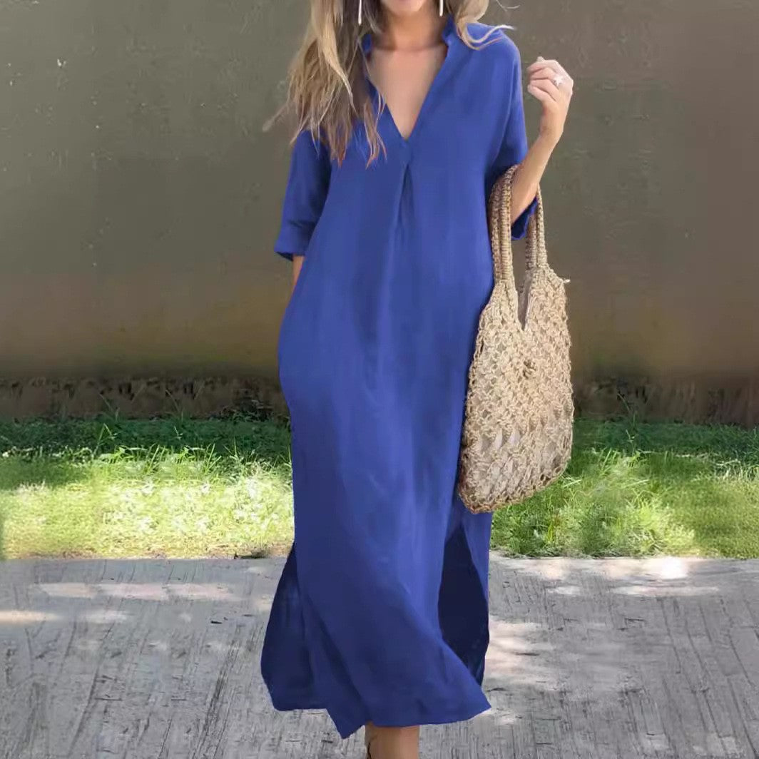 Damen Lässiges Maxikleid mit V-Ausschnitt und seitlichen Schlitzen Stalluxe